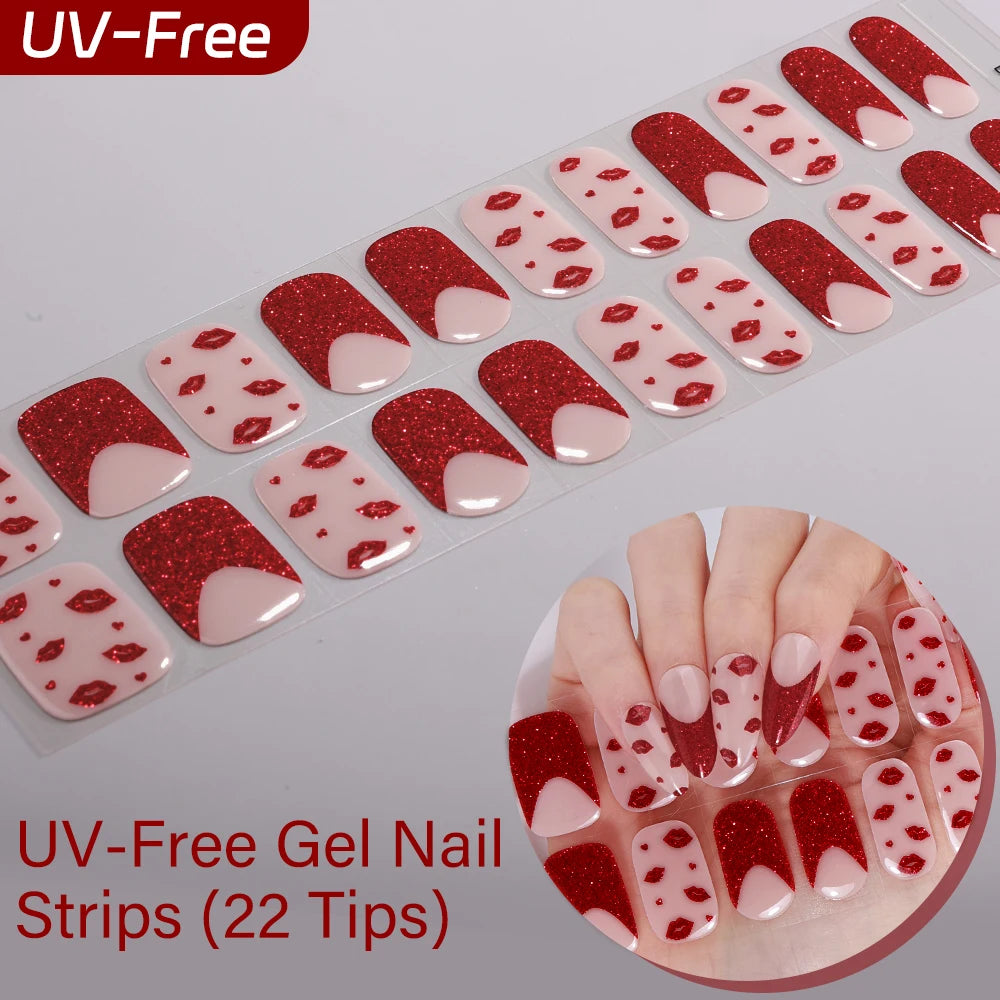 22Tips French Red Heart Kiss UV-Free Gel Nail Stickers Glitter Flower Qme BSA-0384