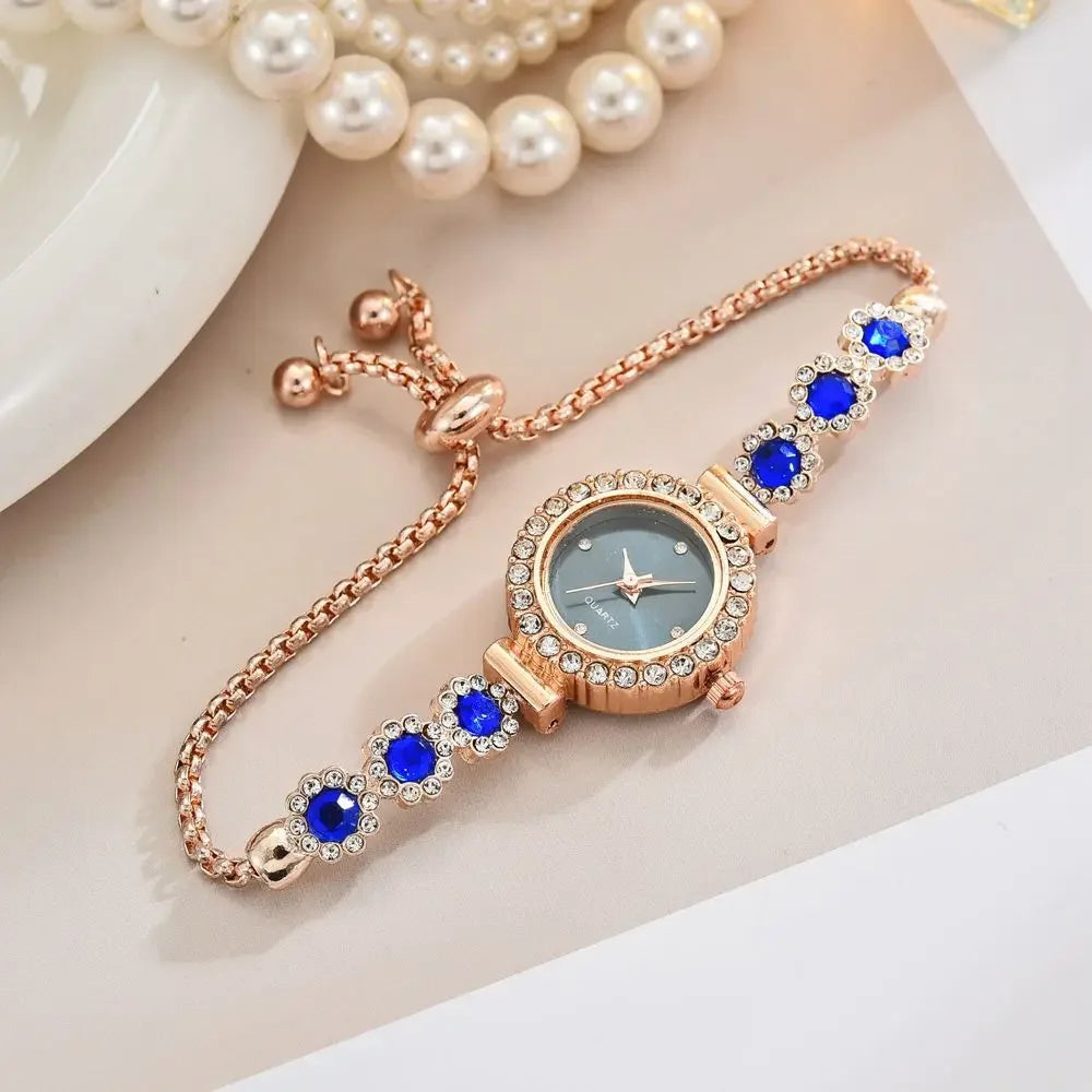 Fashion Rhinestone Women Watches Diamond Flowers Bracelet Ladies Quartz Wristwatch Qme Blue