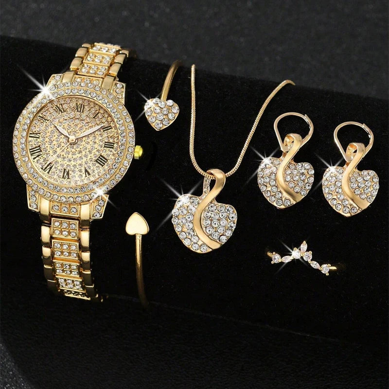 Women's Quartz Watch Gold Luxury Women Ring Necklace Earring Rhinestone Fashion Wristwatch Casual Ladies Watches Jewelry Set Qme Coffee