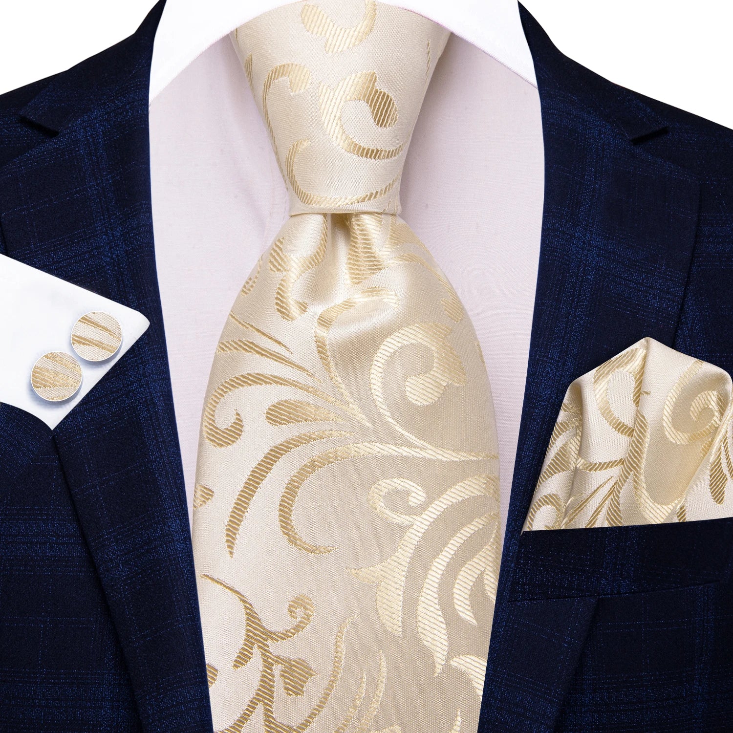 Hi-tie Floral Champagne Ivory Mens Elegant Necktie Handkerchief Qme N-3923