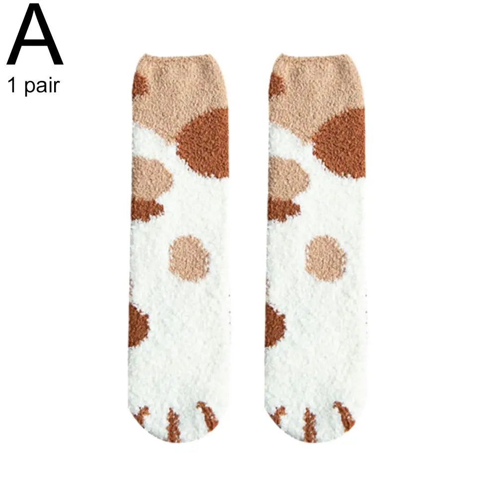Women Winter Warm Fluffy Socks Cute Animal Claw Cat Paw Footprint Fuzzy Socks Female Thick Coral Fleece Home Floor Sleep Socks Qme A