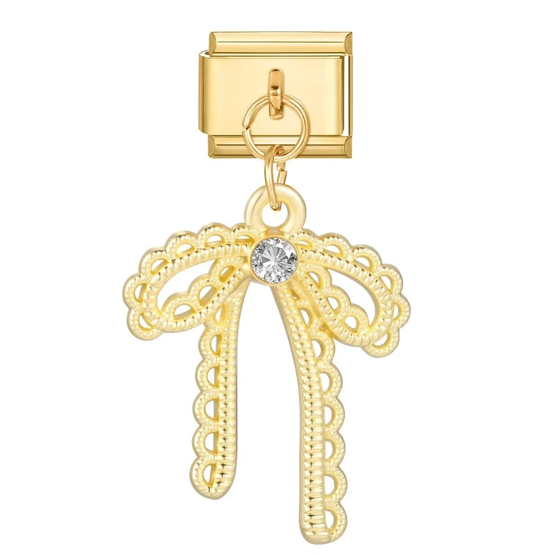 Fashion Flowers Rose Zircon Bowknot Butterfly Golden Italian Charm