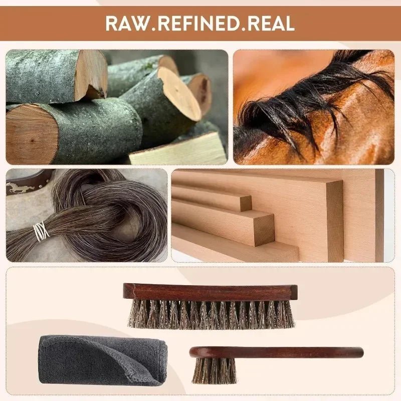 Horsehair Shoe Brush Beech Wood Handle Leather Suede Cleaning Soft Qme