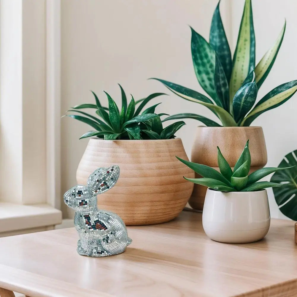 Desktop Mirror Disco Ball Rabbit Figurine Mirror Ball Sitting Bunny Figurine Easter Disco Ball Rabbit Ornament Home Decoration Qme
