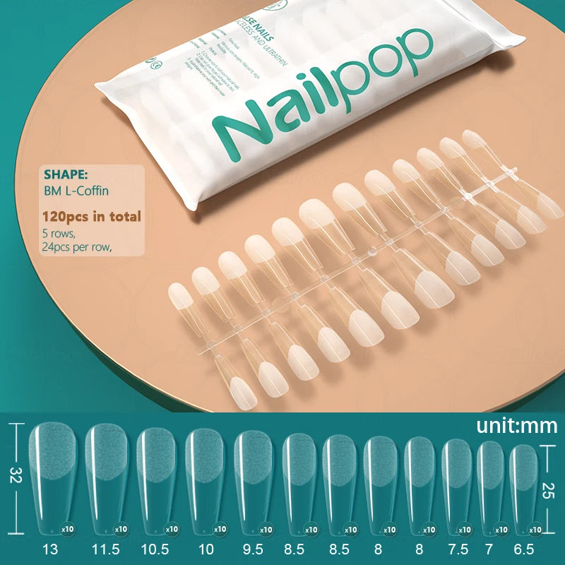 NAILPOP False Nails Acrylic Press Coffin Artificial Clear Fake Nail Qme SemiM L-Coffin 120