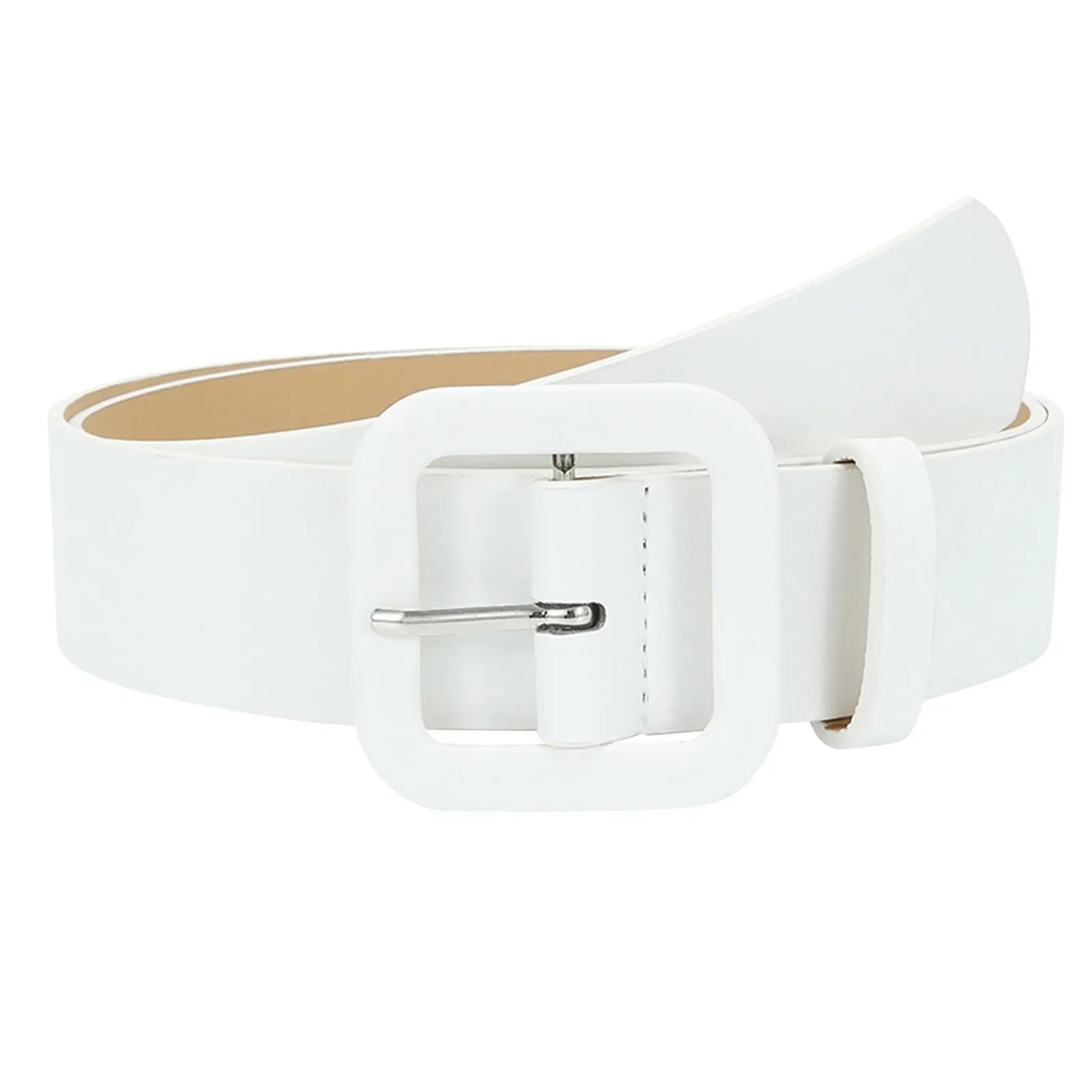 Ladies' Square Buckle Candy Colored Decorative Belt Fashionable Casual Versatile PU Leather Wide Belt Daily Dress Up Accessories Qme White