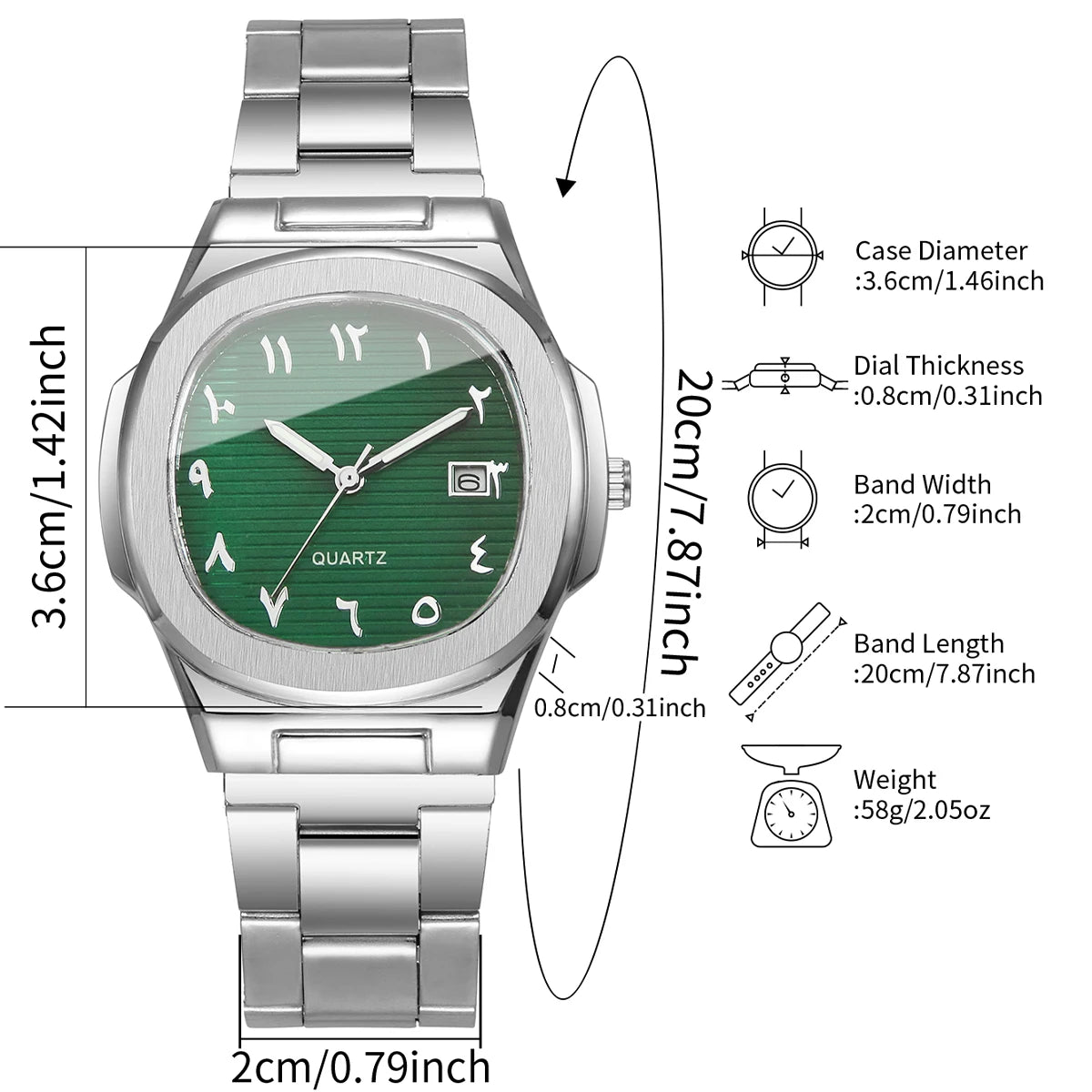 Hot Sale 2Pcs Silver Men's Watch Set, Blue & Green Dial Arabic Numeral Watches, Casual Style Qme