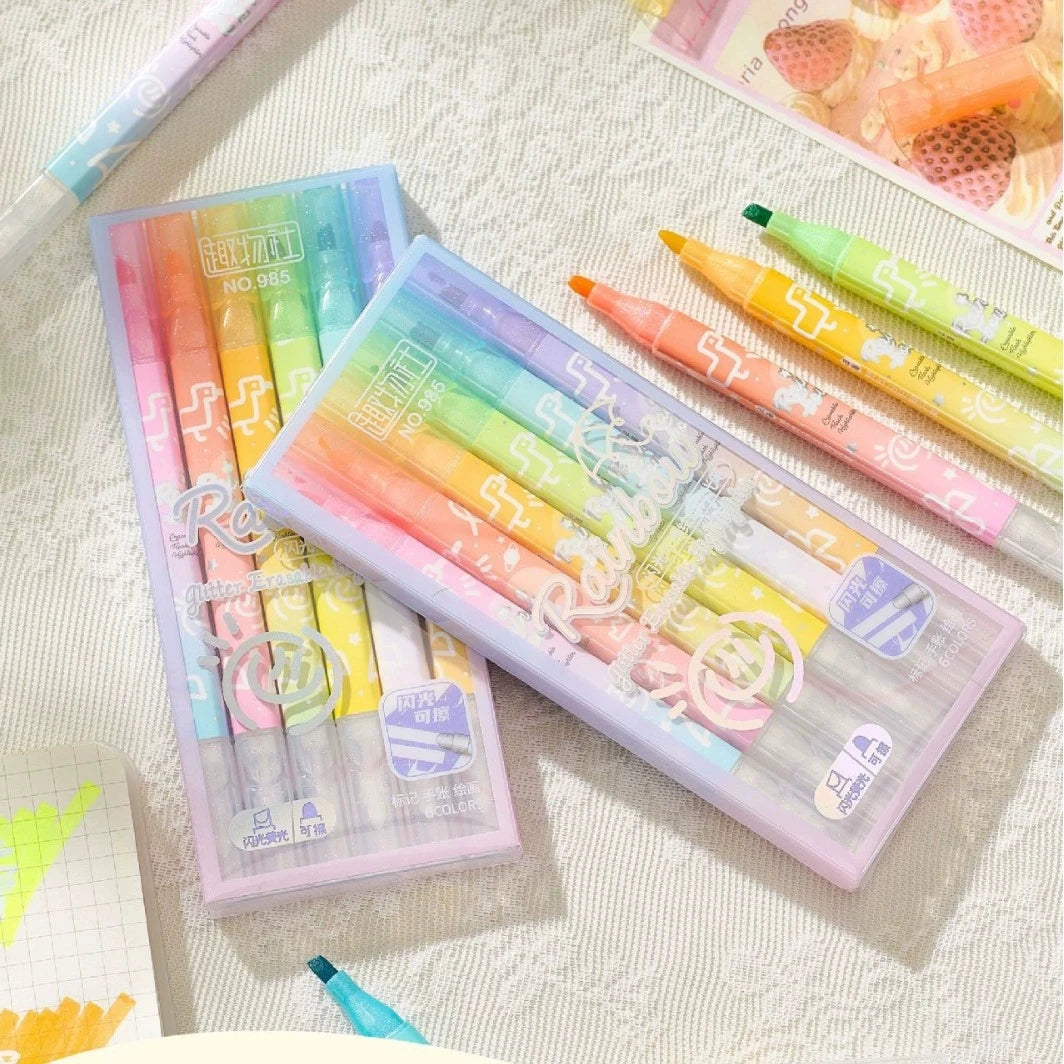 Erasable Glitter Highlighter Pens Sparkly and Shiny for Painting, Scrapbooking, DIY Craft Making, Coloring, Glitter Markers Qme 6 colors