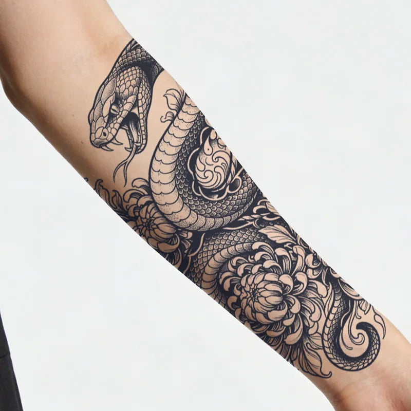 Japanese Snake Chrysanthemum Tattoo Sticker, Temporary Tattoo, New Traditional Floral Herb Juice, Waterproof Long Lasting Arm Le Qme