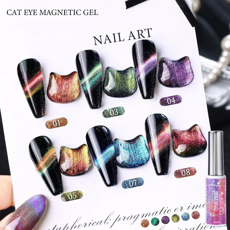 Dual-Color Rainbow Cat Eye Gel Nail Polish, 10ml Magnetic Glitter Gel for Glass Bead Effect, Shimmering Crystal Nail Art Polish Qme