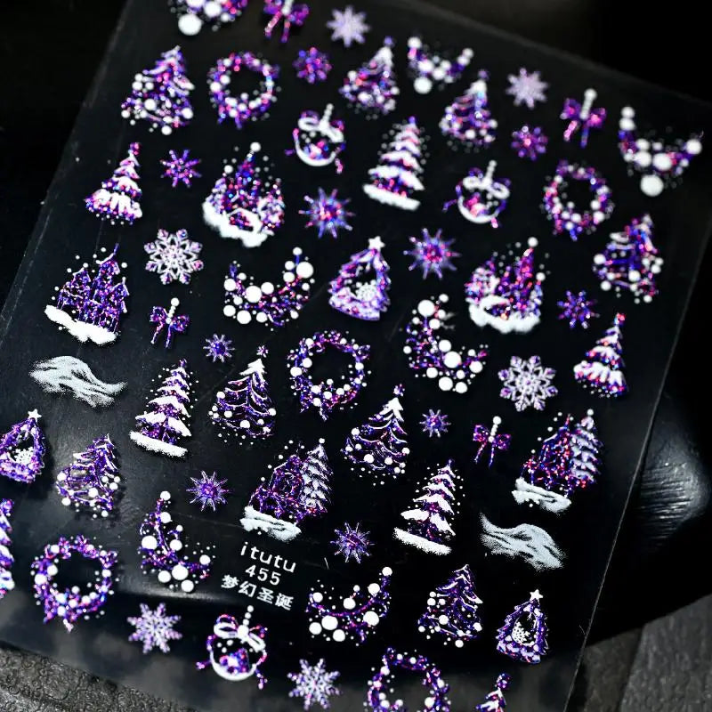 Christmas Embossed Nails Art Stickers Dreamy Castle Tree Snowflake Qme Purple
