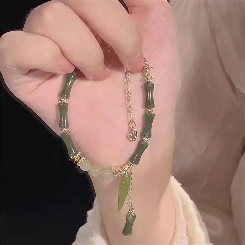1Pcs Handmade Creative Sense Green Color Natural Stone Bamboo Joint Leaves Tassel Beads Strand Beaded Bracelet Women Accessories Qme