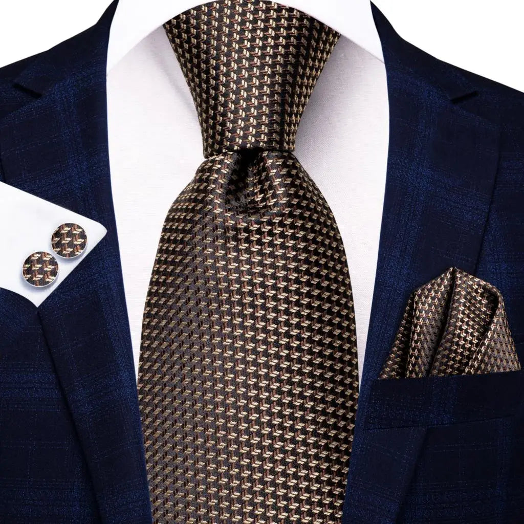 Hi-Tie Paisley Brown Tie For Men Elegant Mens Necktie Pocket Square Cufflink Groom Wedding Accessory Wholesale New Designer Qme 1N-3484