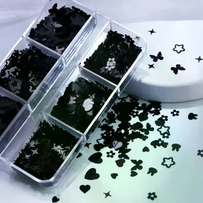 6 Grids Black Heart-shaped Butterfly Star Nail Glitter Mixed Decor Qme