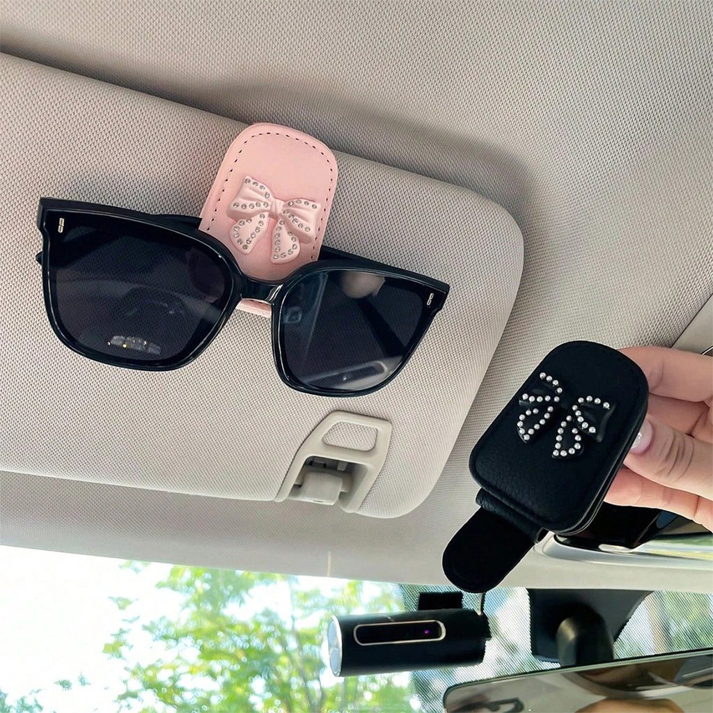 Car Sun Visor Glasses Clip Bow Tie Rhinestones Cute Pink Interior Qme