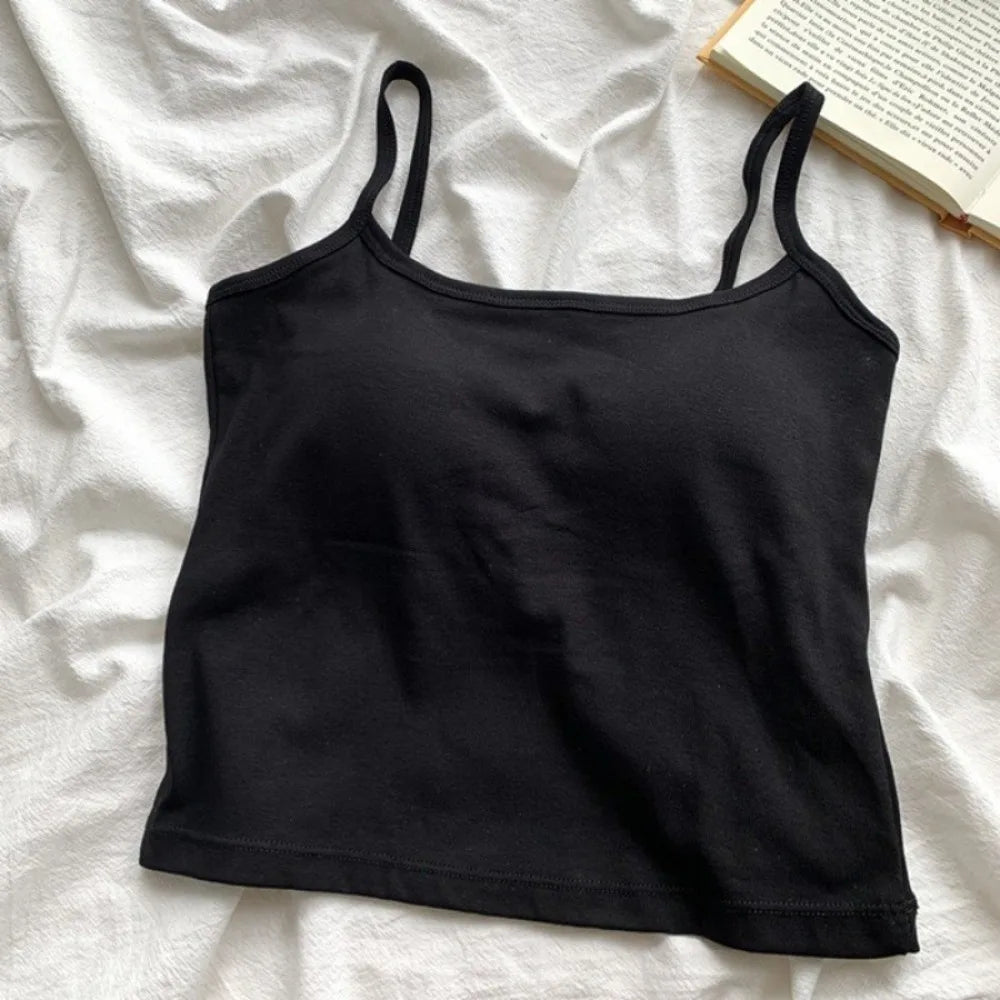 Tank Top Simple Spaghetti Straps Camisole Korean Style Cotton Slim Crop Top Solid Color Bottoming Shirt Sling Vest Women Qme Black One Size