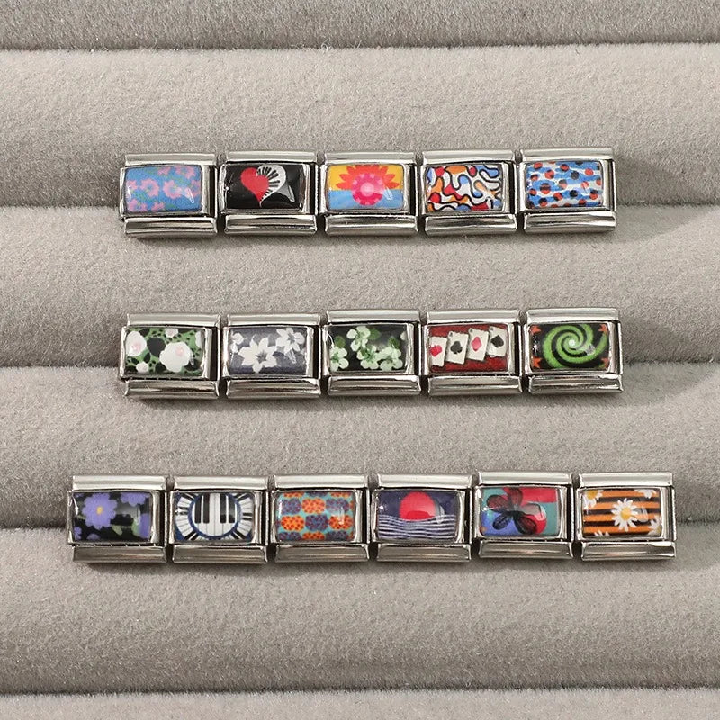2026 Creative Colorful Pattern Sun Daisy Piano Red Poker Italian Charm Links Fit 9mm Stainless Steel Bracelet DIY Making Jewelry Qme