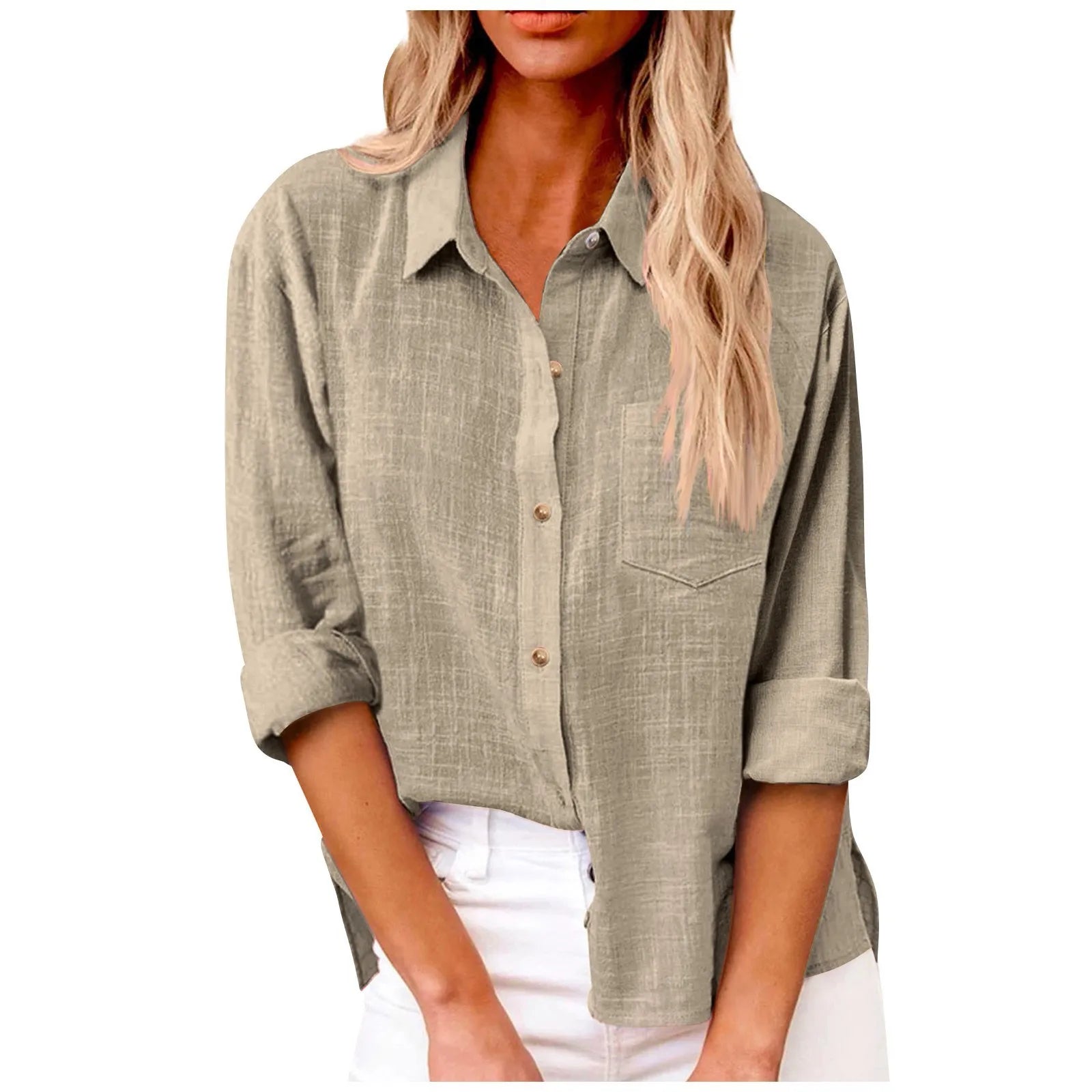 Women’s Long Sleeve Turn Down Collar Solid Color Retro Versatile T-shirts Large Sized Daily Basic Minimalist Dress Shirt For Lad Qme Khaki L