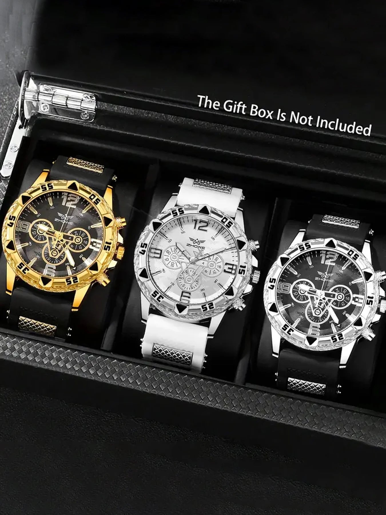 3Pcs ZHOUWEI Multicolor Chronograph Sports Watch Set Silicone Strap Men’s Wristwatch Qme 3pcs 1