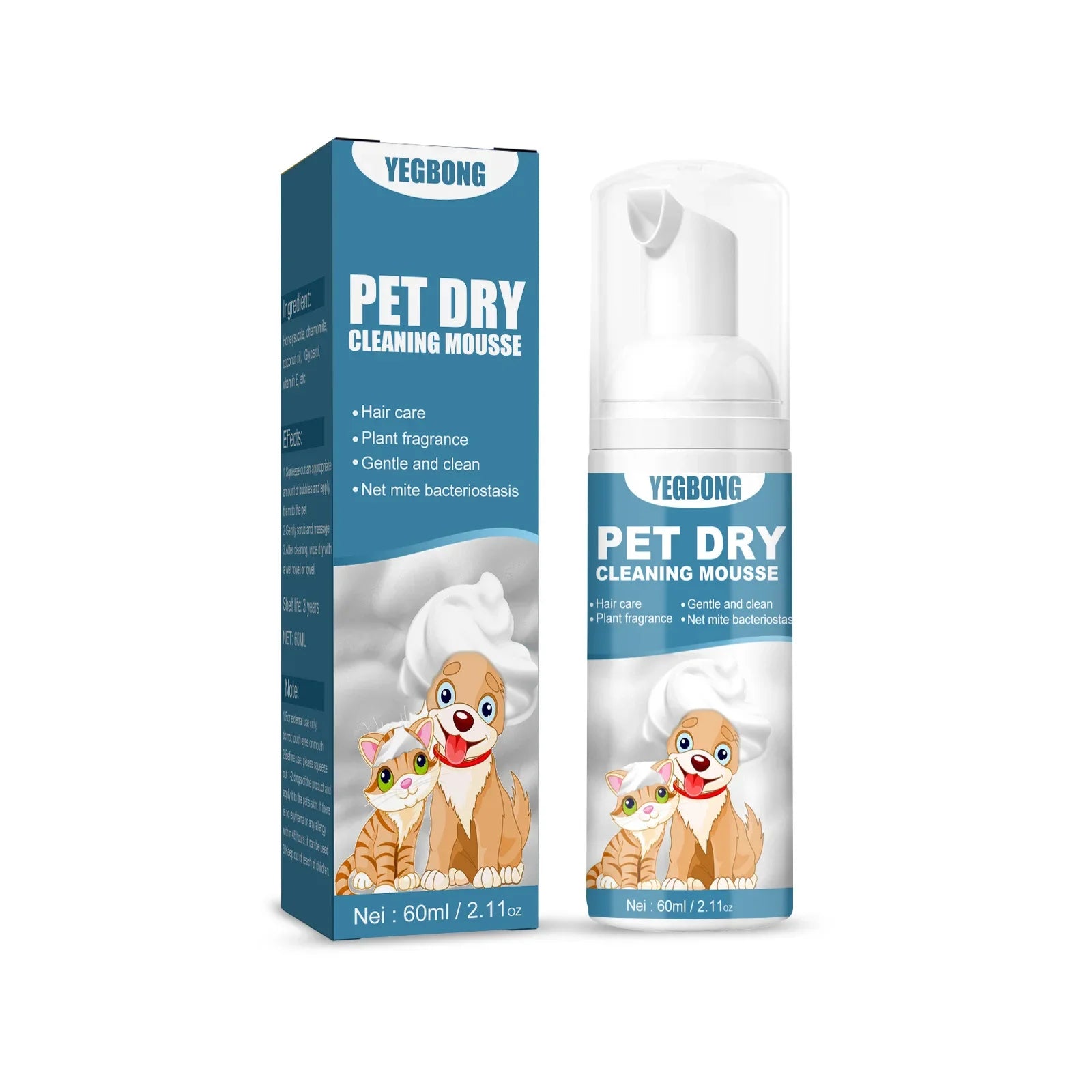 Pet Dry Shampoo Puppy Kitten Dry Cleaning Foam Shampoo Safe Bathless Cleaning Odor Eliminator Itch Relief Pet Grooming Supplies Qme 60ml Boxed