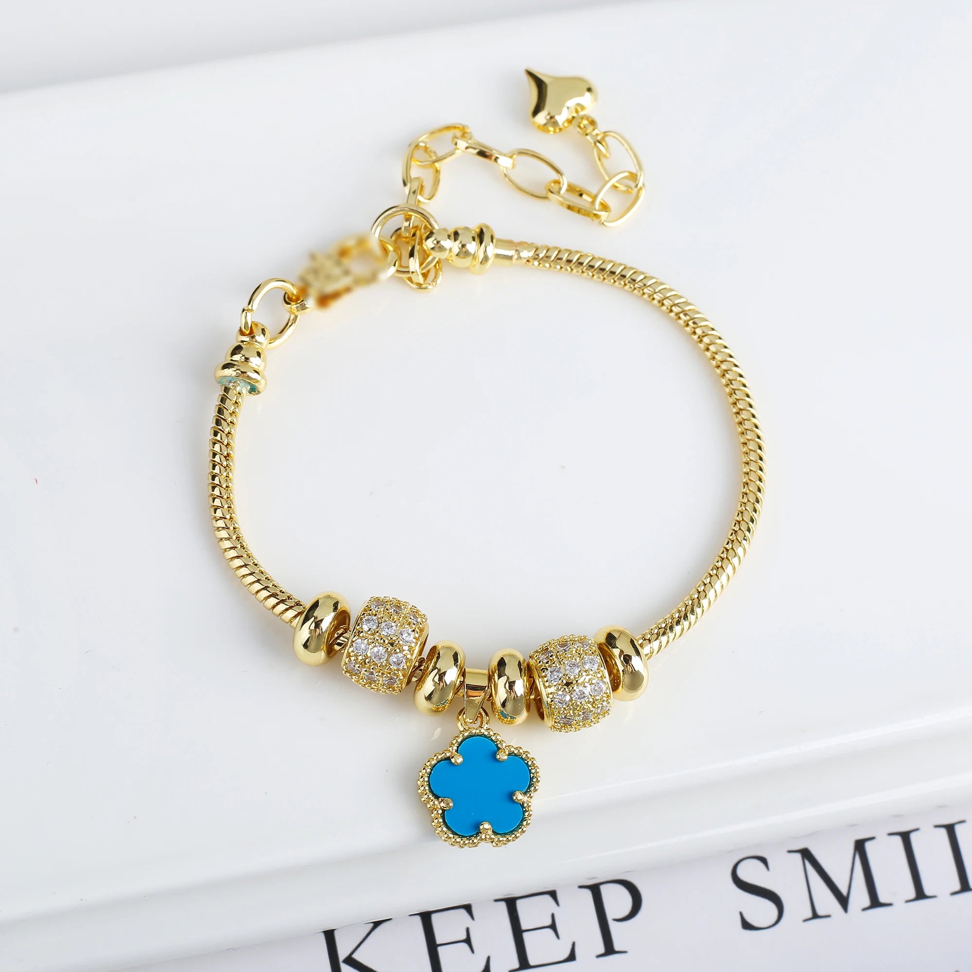 INS Hot Sale 10 Colors Natural Stone Five Leaf Flower Snake Bone Chain Bracelet Classic For Woman Clover Cz Ewelry Party Gift Qme Blue