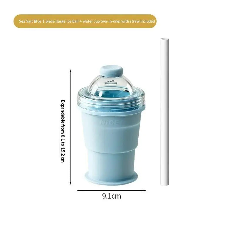 2-in-1 Silicone Ice Ball Maker Cup Foldable Leak-proof Travel Mug Qme Blue