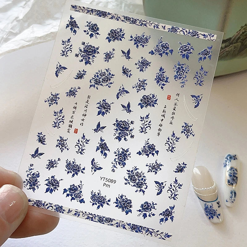 Blue White Porcelain-style 3D Nail Art Stickers Self-adhesive Qme C