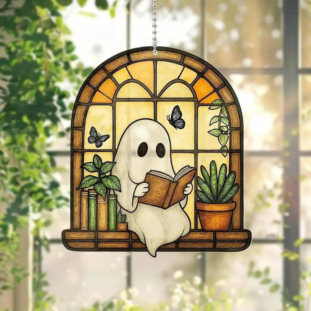 2D Halloween Ghost Reading Book Suncatcher Hanging Decor Acrylic Window Hanging Ornament Colorful Shadow Home Decorations Qme