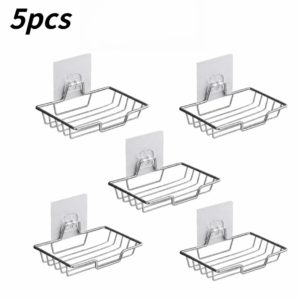 Self Adhesive Stainless Steel Soap Dish 1/3/5Pcs Wall Mounted Soap Drain Rack Bathroom Shower Soap Holder Storage Organizer Qme silvery 5pcs