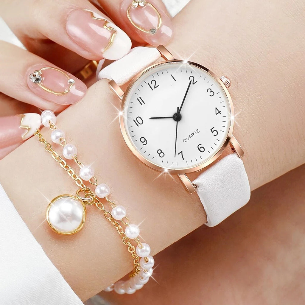 4 Pcs/Set Women's Casual Rome Fashion Quartz Watch Analog Plutonium Leather Wrist Watch & Jewelry Set, Gift For Her Mother Qme