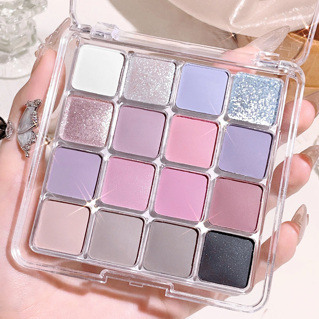 16 color eyeshadow palette - Glitter, matte and shimmer finish in gentle fall and winter tones of blue, brown, coral and pink Qme
