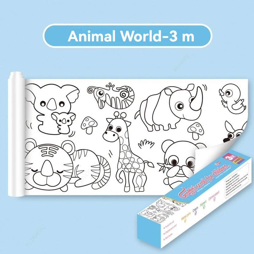 Children's Doodle Scroll Childrens Drawing Roll - 3M, DIY Coloring Paper Roll Color Filling Graffiti Paper-cut Painting School Qme Animal world