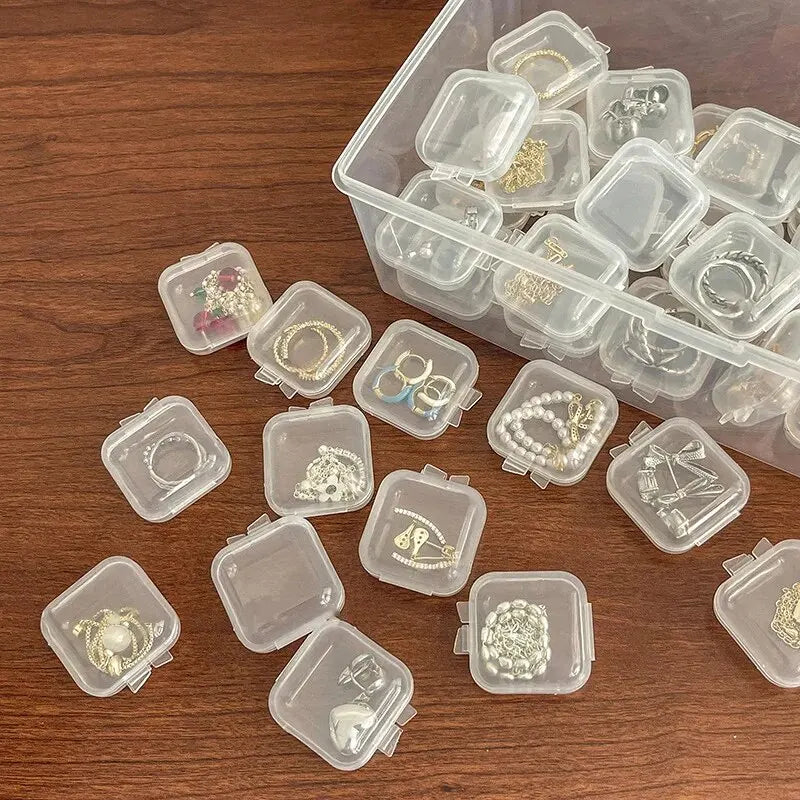 Mini Plastic Jewelry Storage Box Square Transparent Flip Portable Pill Container Jewelry Holder Packaging Earrings Display Case Qme