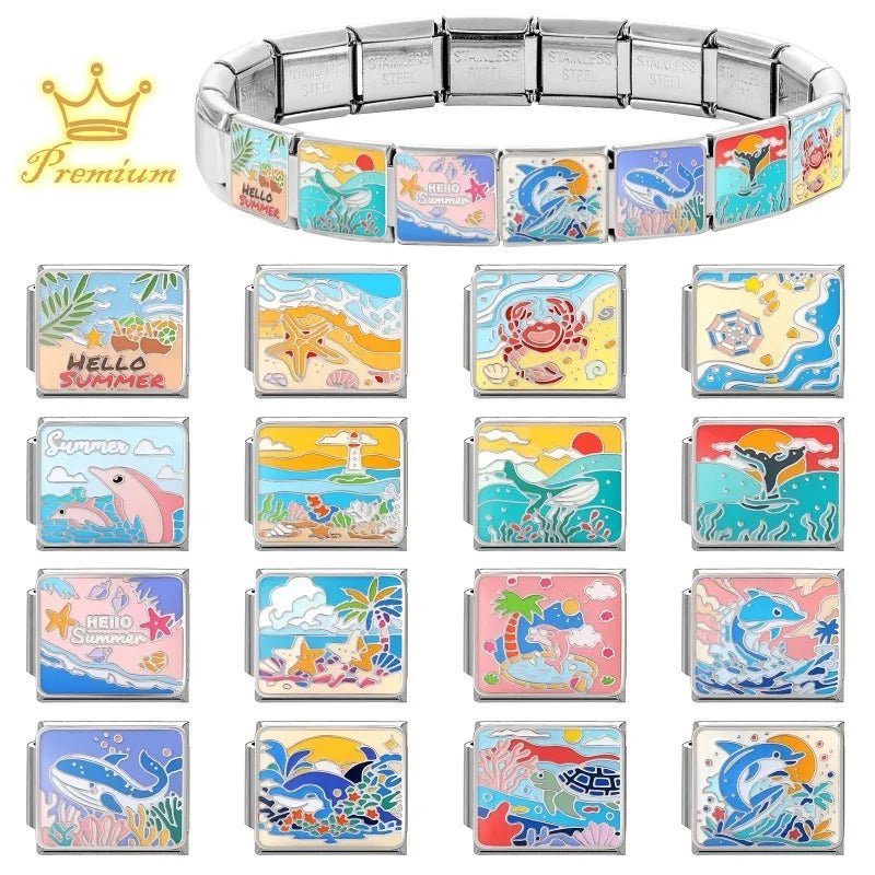 Charm Bangles Italian Links Fit 9mm Stainless Steel Women Men Jewelry DIY Making Blue Series Starfish Beach Turtle Bracelet Gift Qme
