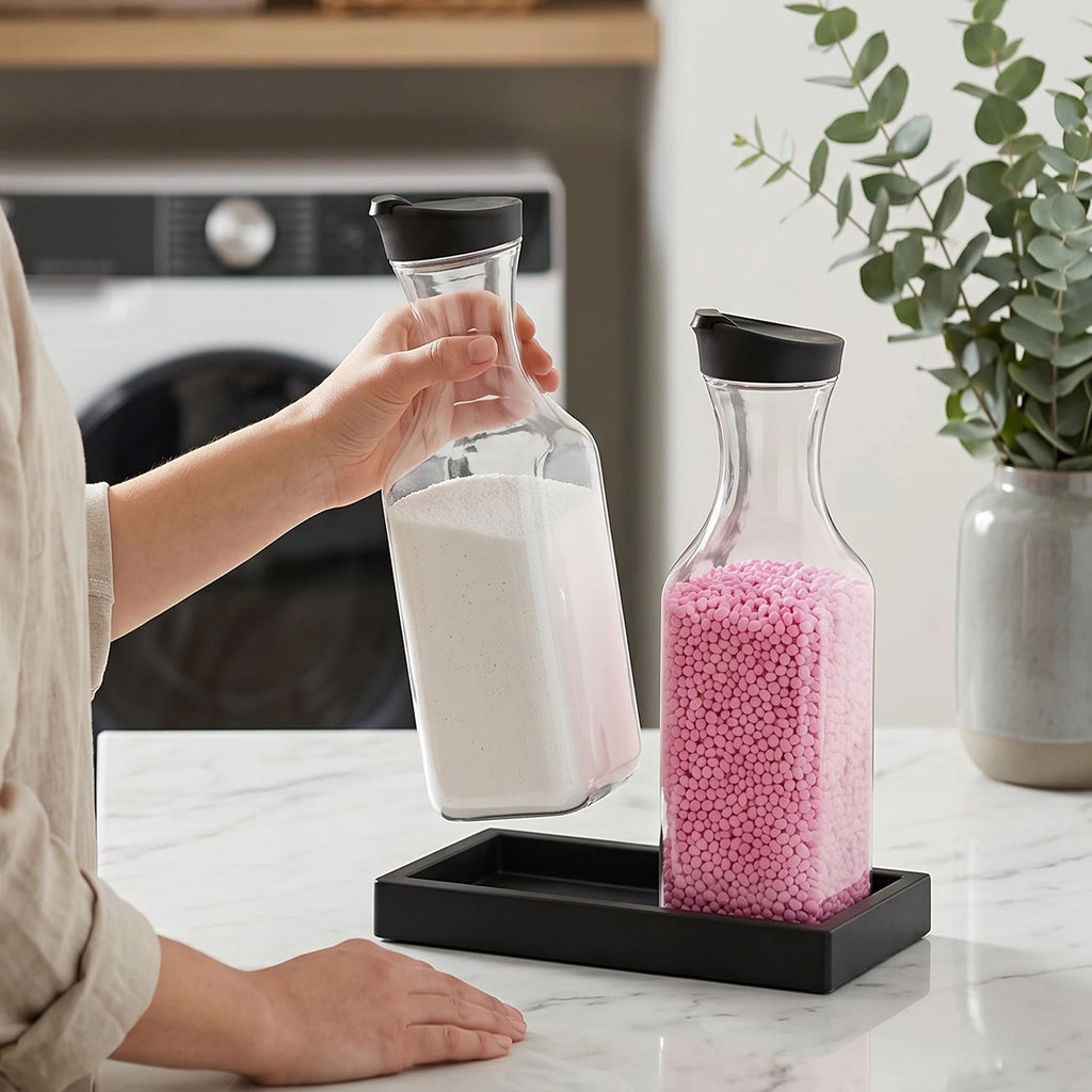 lack Laundry Detergent Dispenser Set with Silicone Tray Refillable Laundry Soap Dispenser for Detergent Scent Beads Softener Qme