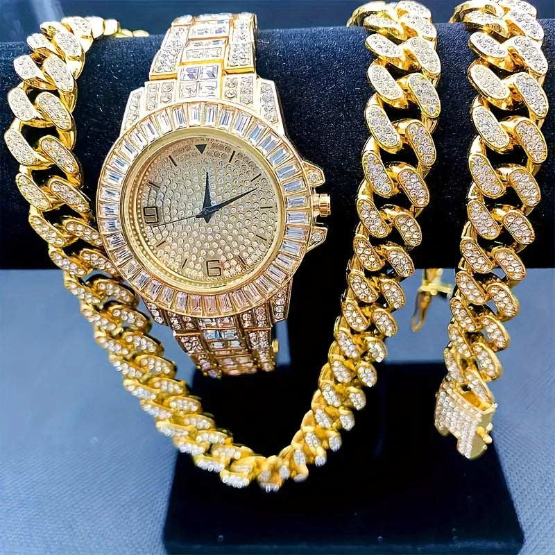 3cps hot selling men's and women's hip-hop watch sets, men's Cuban necklace bracelet sets, Christmas gifts Qme