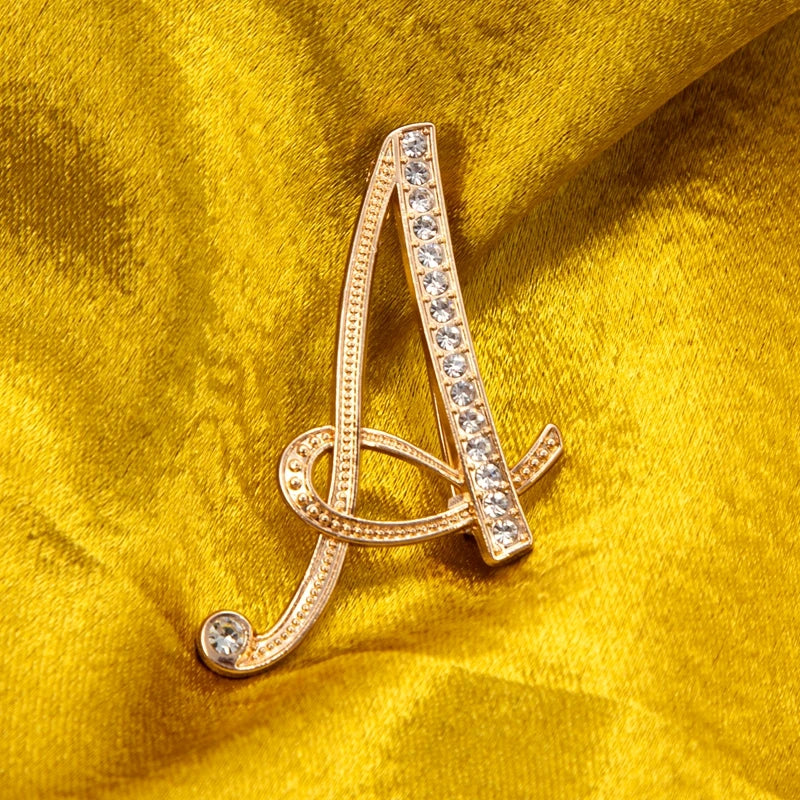 Women Luxury Letter Brooch Pins Gold Rhinestones Crystal English Qme