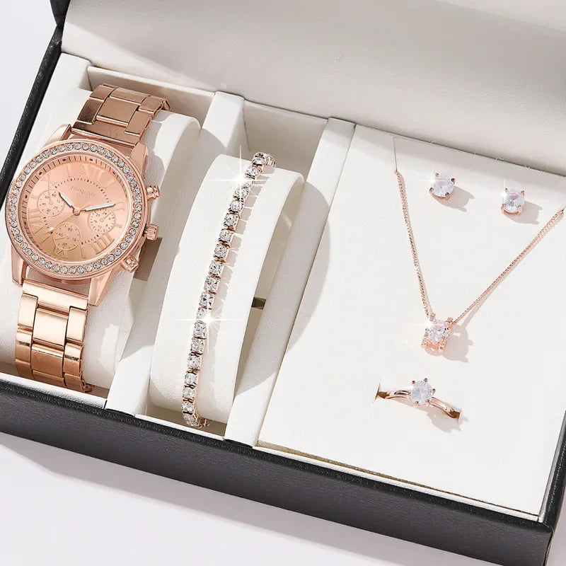 Women Quartz Watch Luxury with Diamonds Simple Stainless Steel Strap Clock Ring Necklace Earrings Rhinestone Set Reloj (no Box) Qme MGJ4