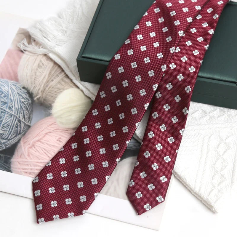 Burgundy JK Flower Jacquard Necktie Year Preppy Tie Graduation School Qme