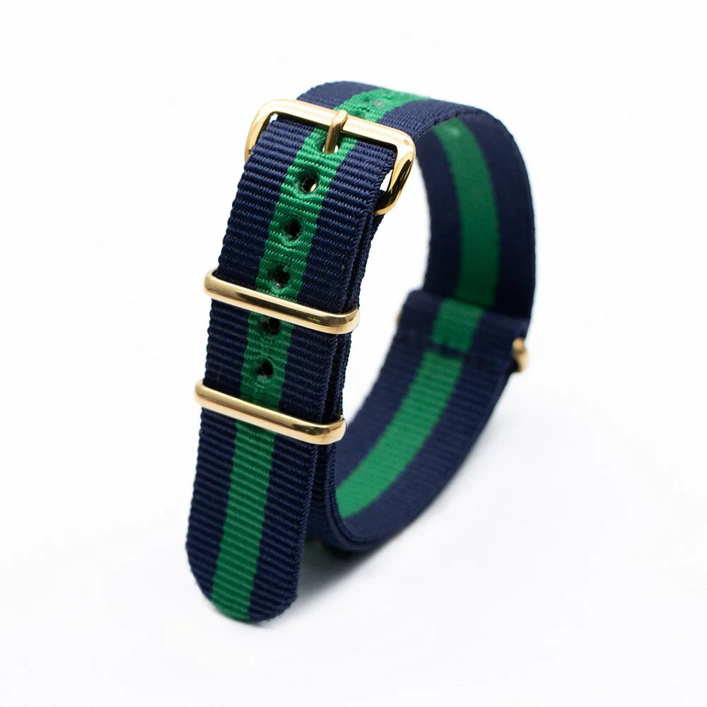 High Quality Luxury Striped Nylon Smart Watch Strap 18MM 20MM 22MM Gold Square Buckle Wear-resistant Woven Strap Qme 2Blue1Green 24mm