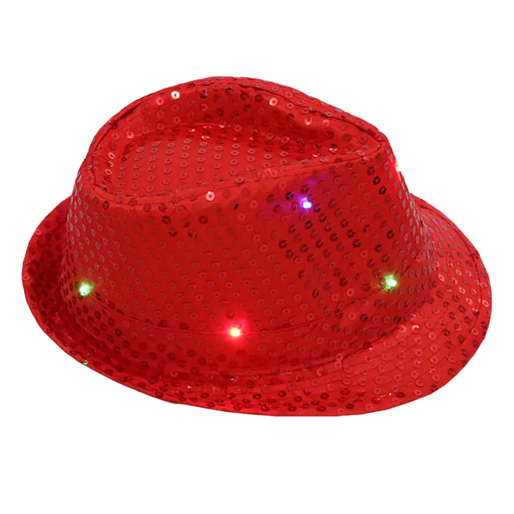 Unisex Hip Hop Jazz Hat Fancy Party Stage Dance Sequins Show Glitter Caps Performance Costume Clown Magician Hat for Kids Qme Red