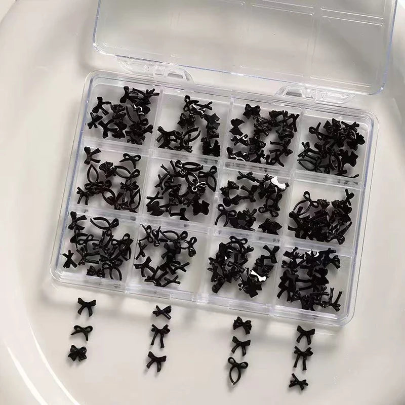 12-compartment Mini Bow Nail Art Tools Accessories Mixed Sizes Black Qme black