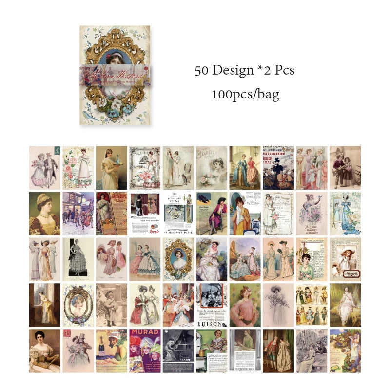 8 Style100Pcs/book Memo Material Paper Vintage Artistic Character Message Card Beautiful Flowers European Style DIY Hand Account Qme 5