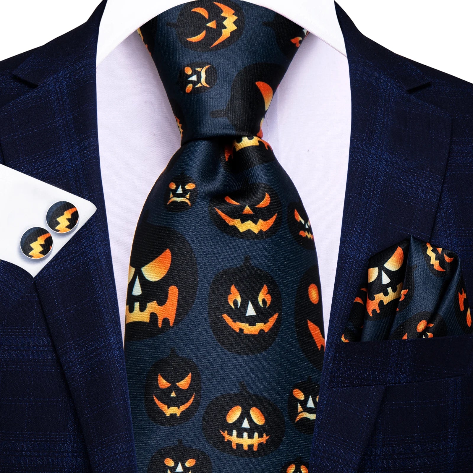 Hi-Tie Festival Xmas tie 8.5cm Men's Handkerchief Cufflinks Set Designer Halloween Cartoon Party Accessories Gift for Men Qme HT-N-0024