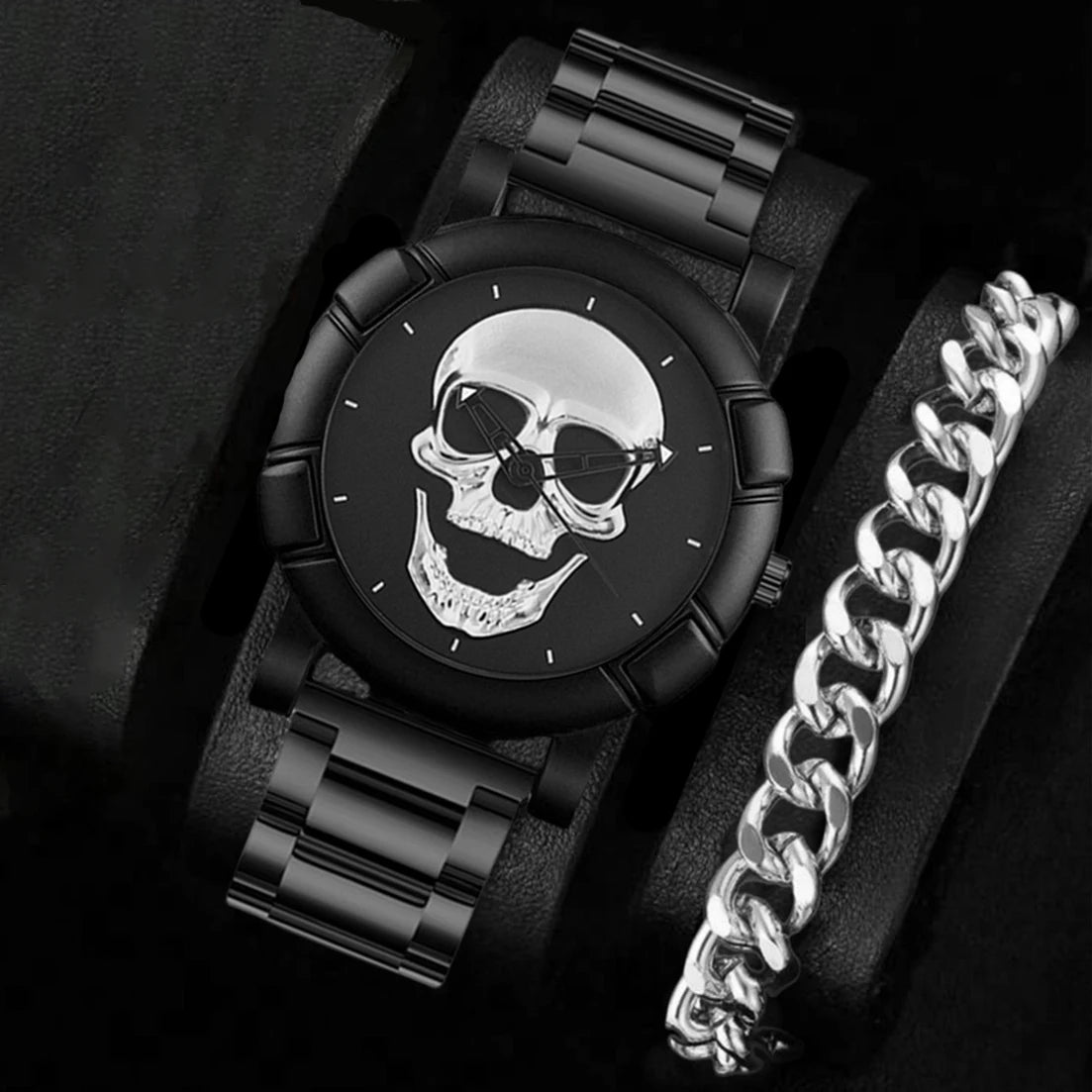 Halloween Skull Men's Quartz Watch Men's Steel Belt Set Qme Silver
