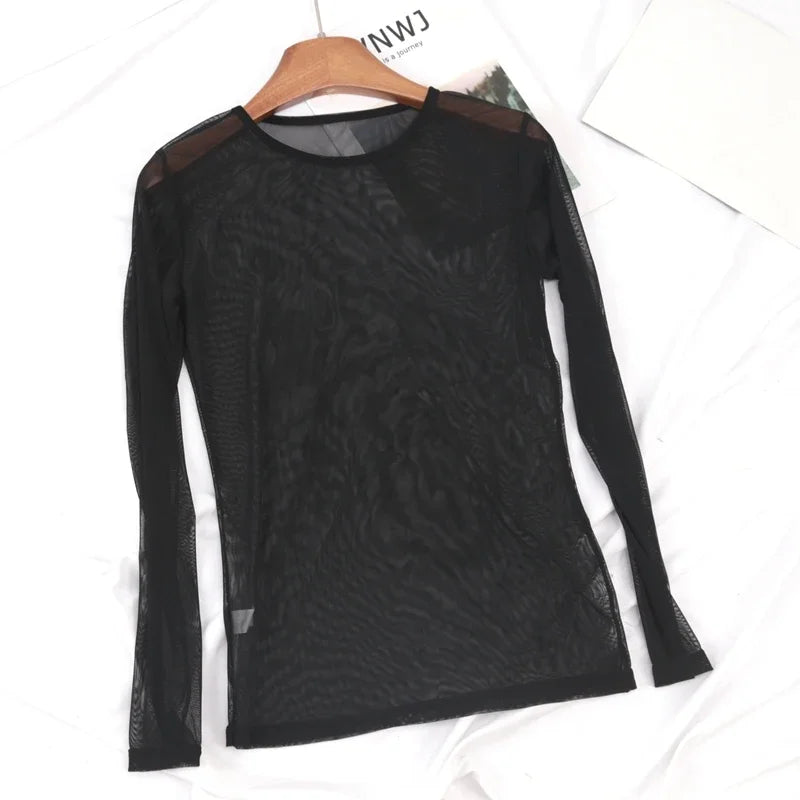Black Sexy Women T Shirt See Through Transparent Punk Mesh Tops Long Qme black L