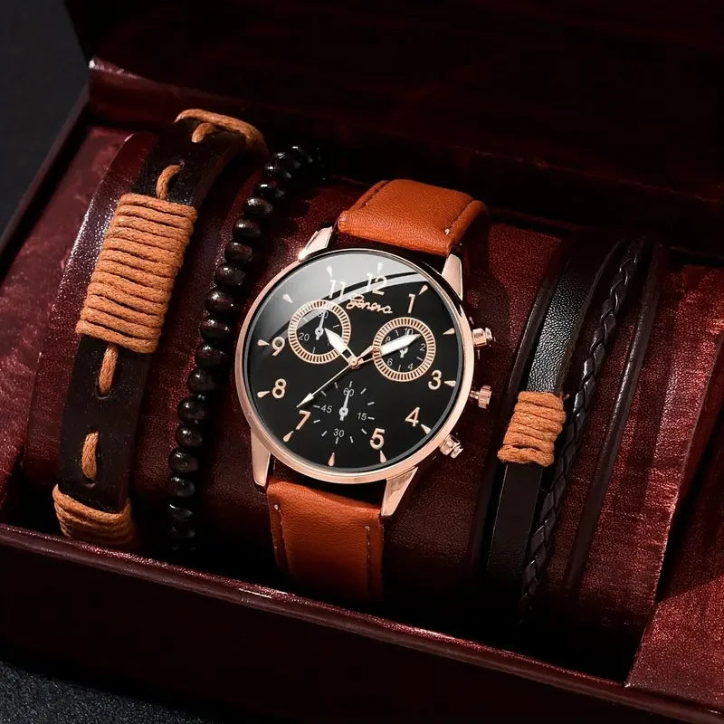4 Pcs/Set Fashion Men's Casual Watches Men's Leather Bracelet Quartz Watch Man Present Bracelets Set (Without Box) Qme 4