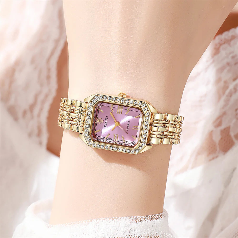 Fashion Business Ladies Quartz Watch Casual Luxury Diamonds Rome Simple Women's Stainless Steel Strap Gold Hundred Dress Watches Qme Pink