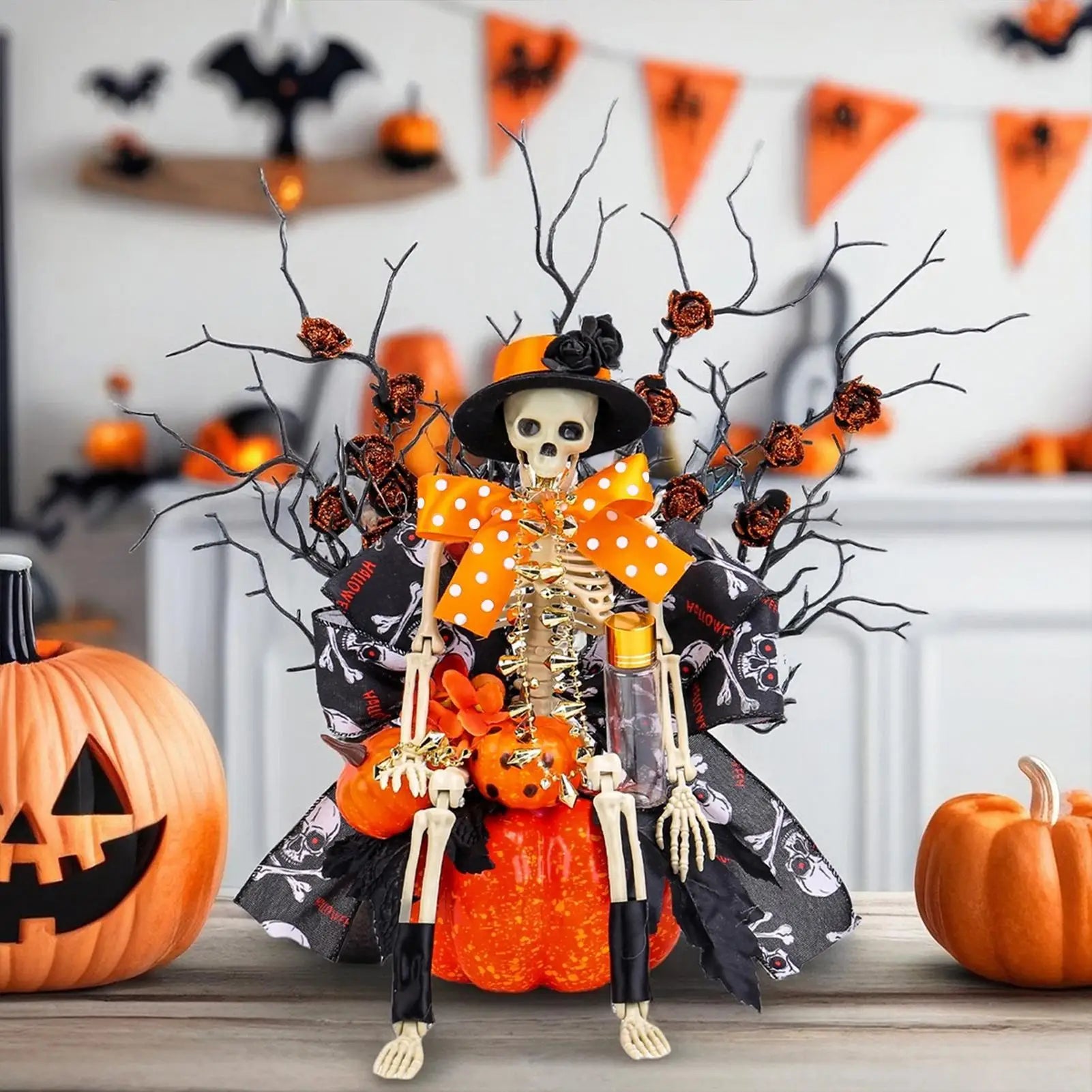 Halloween Figurines Skeleton Pumpkin Statue Halloween Horror Decoration Realistic Skull Window Ornament for Retail Porch Display Qme