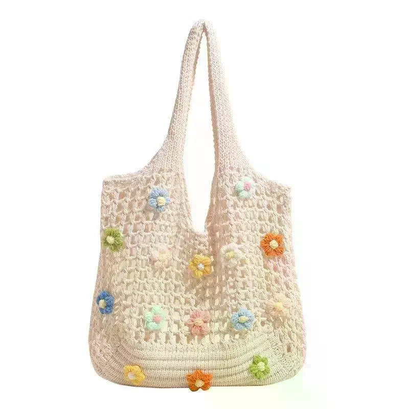 Women's Knitted Shoulder Bag Summer Flowers Handbag Ins Large Capacity Shopping Tote Bags Woven Hollow Mesh Beach Bags Qme